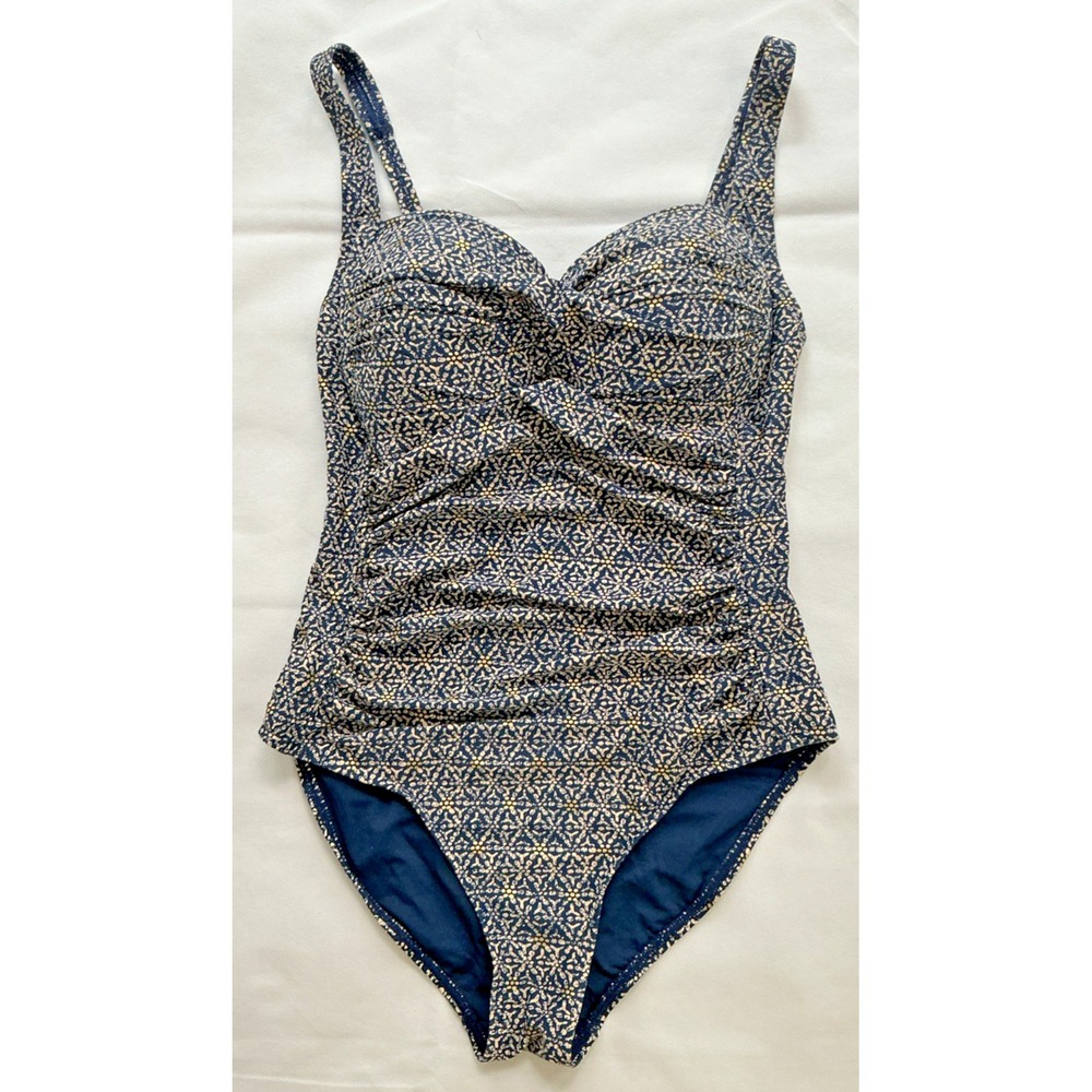 Niptuck One Piece Swimsuit Womens Size 8 Blue & Gold Ruched Padded Built in Bra